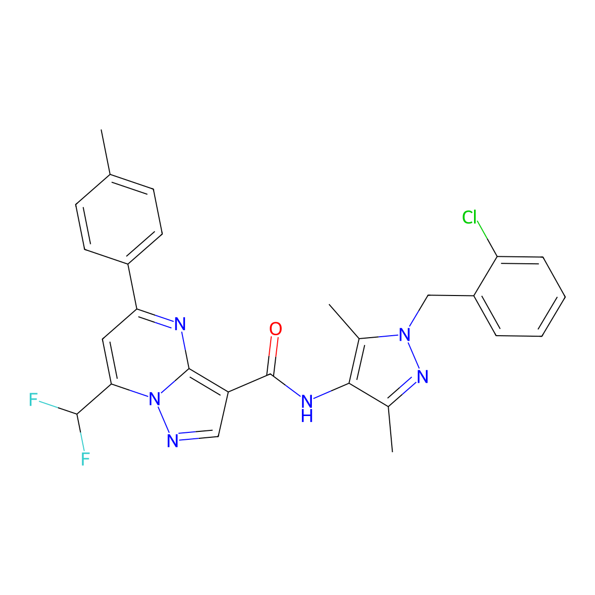 N-[1-(2-chlorobenzyl)-3,5-dimethyl-1H-pyrazol-4-yl]-7-(difluoromethyl)-5-(4-methylphenyl)pyrazolo[1,5-a]pyrimidine-3-carboxamide molecular structure, CAS 492457-49-5