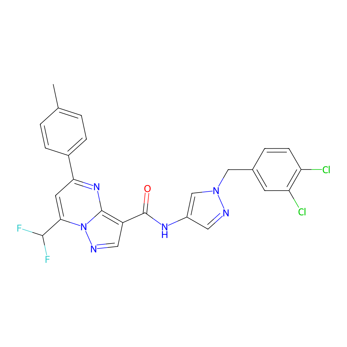 N-[1-(3,4-dichlorobenzyl)-1H-pyrazol-4-yl]-7-(difluoromethyl)-5-(4-methylphenyl)pyrazolo[1,5-a]pyrimidine-3-carboxamide molecular structure, CAS 492457-50-8