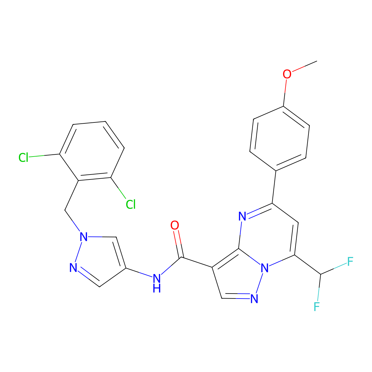 N-[1-(2,6-dichlorobenzyl)-1H-pyrazol-4-yl]-7-(difluoromethyl)-5-(4-methoxyphenyl)pyrazolo[1,5-a]pyrimidine-3-carboxamide molecular structure, CAS 492457-51-9