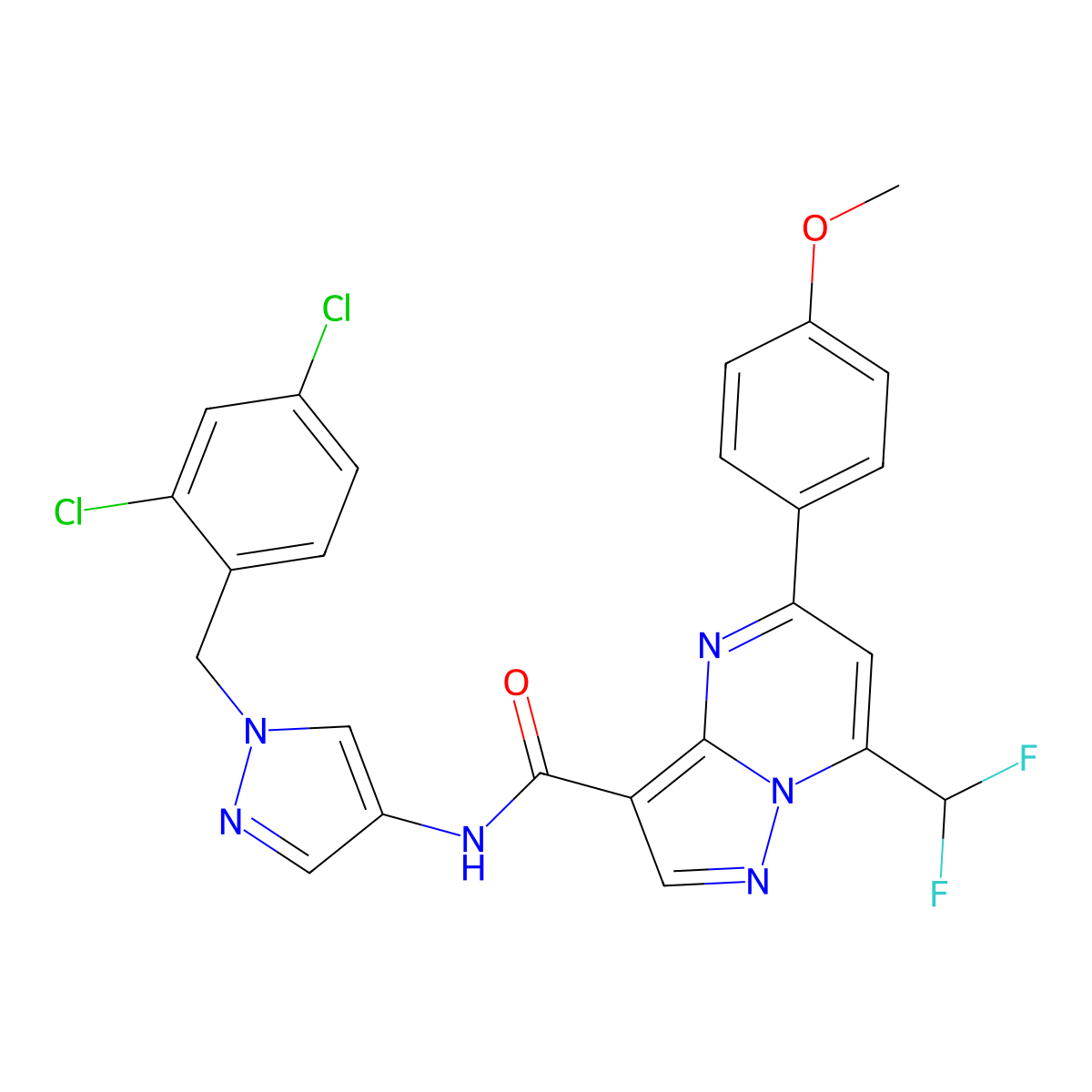 N-[1-(2,4-dichlorobenzyl)-1H-pyrazol-4-yl]-7-(difluoromethyl)-5-(4-methoxyphenyl)pyrazolo[1,5-a]pyrimidine-3-carboxamide molecular structure, CAS 492457-53-1