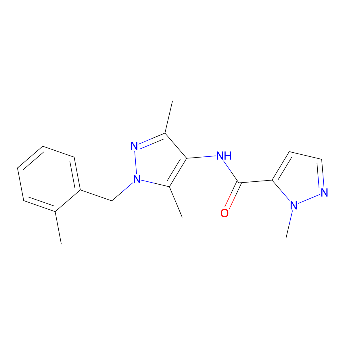 N-[3,5-dimethyl-1-(2-methylbenzyl)-1H-pyrazol-4-yl]-1-methyl-1H-pyrazole-5-carboxamide molecular structure, CAS 492457-70-2