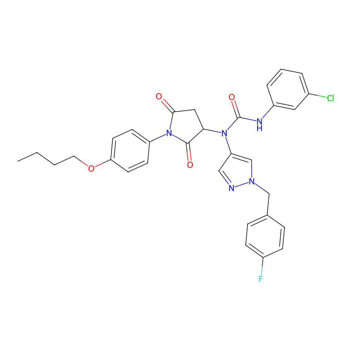 1-[1-(4-Butoxyphenyl)-2,5-dioxopyrrolidin-3-yl]-3-(3-chlorophenyl)-1-[1-[(4-fluorophenyl)methyl]pyrazol-4-yl]urea molecular structure, CAS 492457-76-8