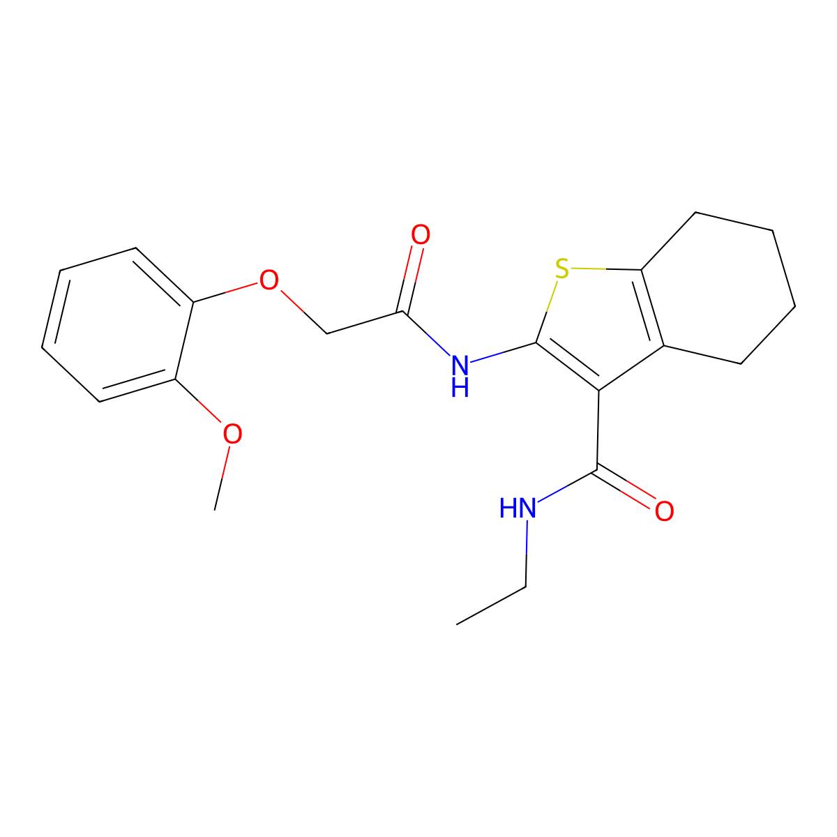N-ethyl-2-{[(2-methoxyphenoxy)acetyl]amino}-4,5,6,7-tetrahydro-1-benzothiophene-3-carboxamide molecular structure, CAS 493002-55-4