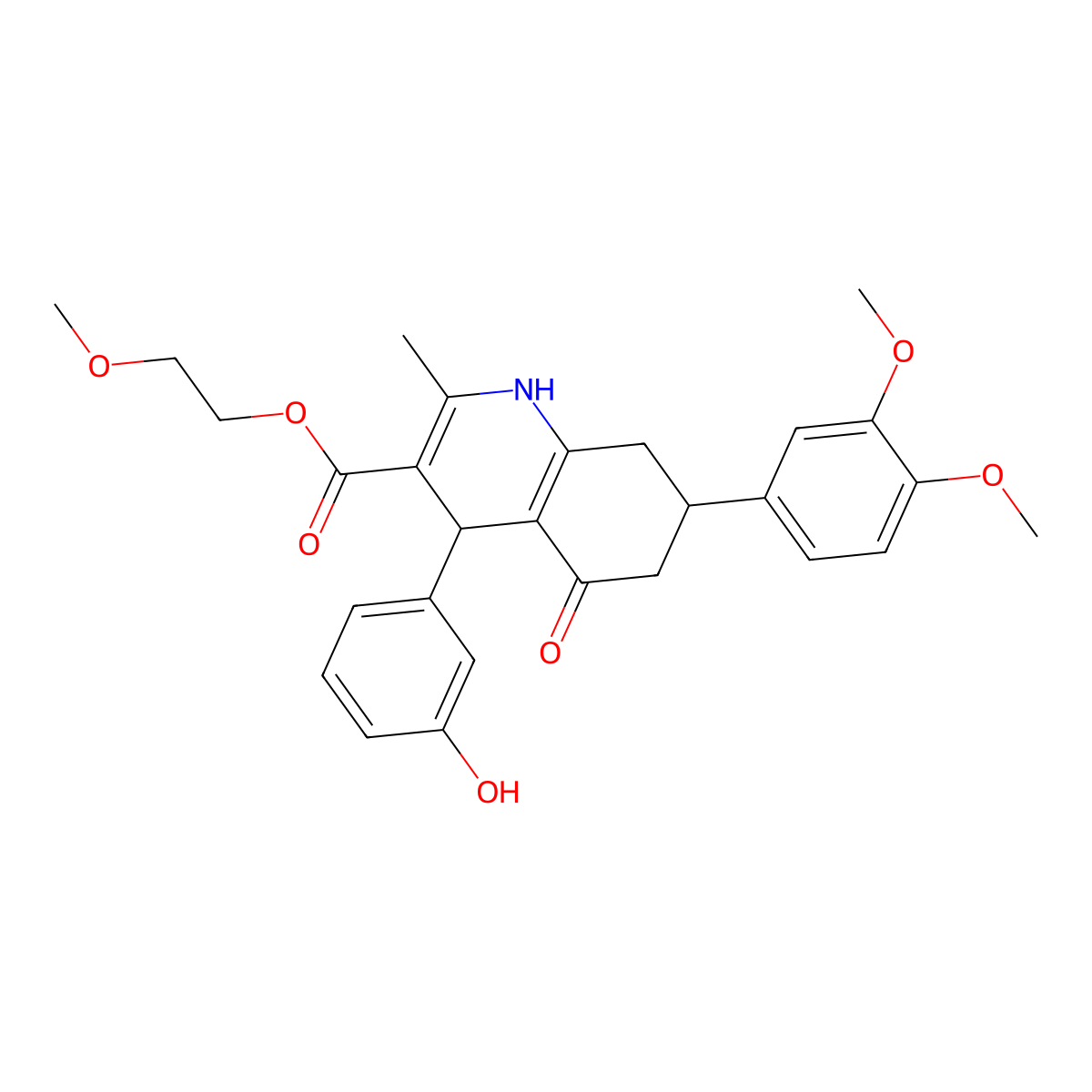 2-Methoxyethyl 7-(3,4-dimethoxyphenyl)-4-(3-hydroxyphenyl)-2-methyl-5-oxo-1,4,5,6,7,8-hexahydroquinoline-3-carboxylate molecular structure, CAS 493002-68-9