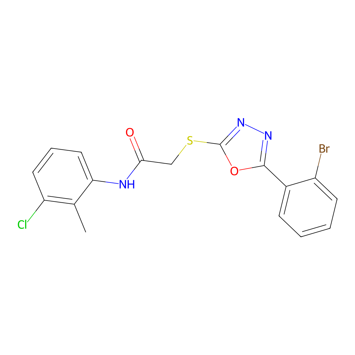 2-((5-(2-Bromophenyl)-1,3,4-oxadiazol-2-yl)thio)-N-(3-chloro-2-methylphenyl)acetamide molecular structure, CAS 493003-17-1