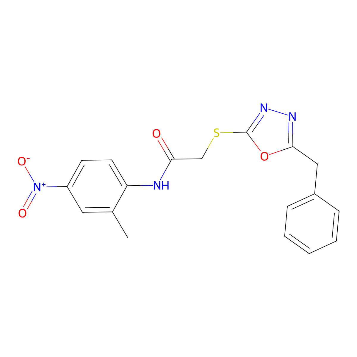 2-[(5-benzyl-1,3,4-oxadiazol-2-yl)sulfanyl]-N-(2-methyl-4-nitrophenyl)acetamide molecular structure, CAS 493012-83-2