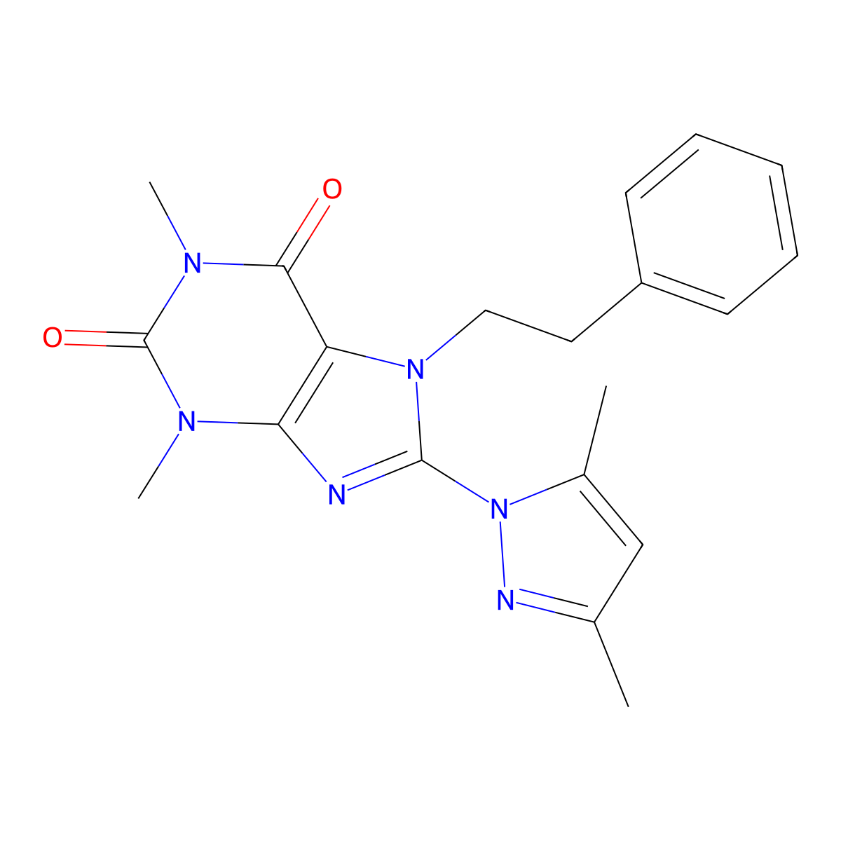 8-(3,5-dimethyl-1H-pyrazol-1-yl)-1,3-dimethyl-7-phenethyl-1H-purine-2,6(3H,7H)-dione molecular structure, CAS 493016-16-3