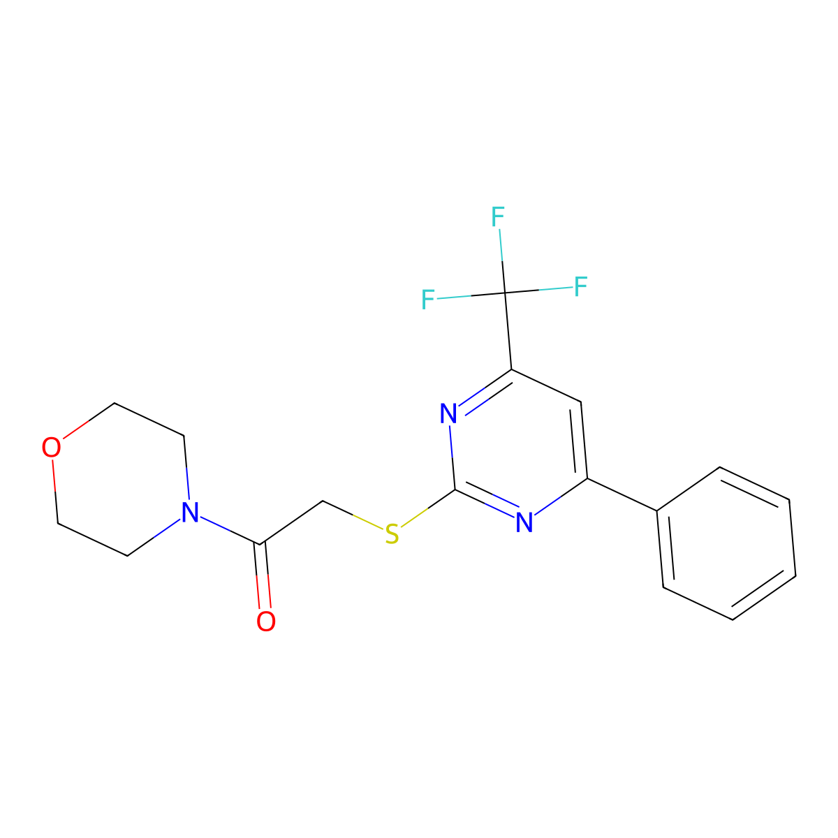 1-Morpholin-4-yl-2-(4-phenyl-6-trifluoromethyl-pyrimidin-2-ylsulfanyl)-ethanone molecular structure, CAS 493017-61-1