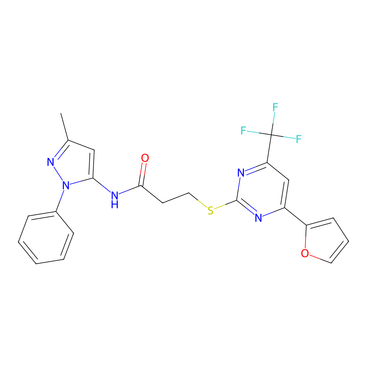 3-(4-Furan-2-yl-6-trifluoromethyl-pyrimidin-2-ylsulfanyl)-N-(5-methyl-2-phenyl-2H-pyrazol-3-yl)-propionamide molecular structure, CAS 493018-73-8