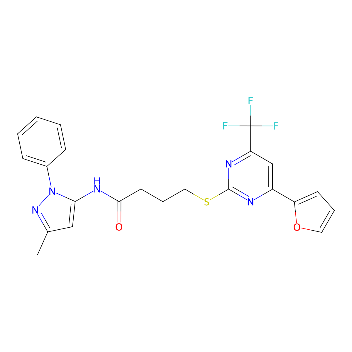 4-[4-(furan-2-yl)-6-(trifluoromethyl)pyrimidin-2-yl]sulfanyl-N-(5-methyl-2-phenylpyrazol-3-yl)butanamide molecular structure, CAS 493018-82-9