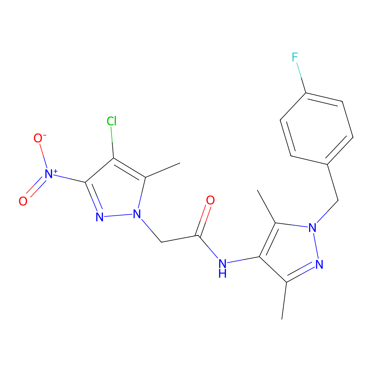 2-(4-chloro-5-methyl-3-nitropyrazol-1-yl)-N-[1-[(4-fluorophenyl)methyl]-3,5-dimethylpyrazol-4-yl]acetamide molecular structure, CAS 493022-94-9