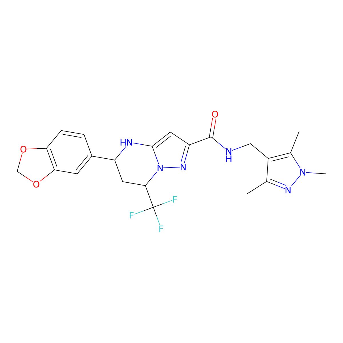 5-(1,3-benzodioxol-5-yl)-7-(trifluoromethyl)-N-[(1,3,5-trimethyl-1H-pyrazol-4-yl)methyl]-4,5,6,7-tetrahydropyrazolo[1,5-a]pyrimidine-2-carboxamide molecular structure, CAS 493023-00-0