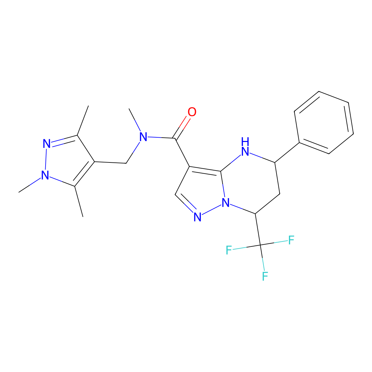 N-methyl-5-phenyl-7-(trifluoromethyl)-N-[(1,3,5-trimethyl-1H-pyrazol-4-yl)methyl]-4,5,6,7-tetrahydropyrazolo[1,5-a]pyrimidine-3-carboxamide molecular structure, CAS 493023-03-3