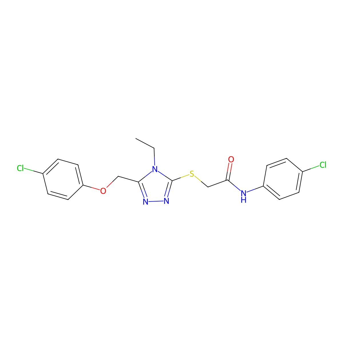 2-({5-[(4-chlorophenoxy)methyl]-4-ethyl-4H-1,2,4-triazol-3-yl}sulfanyl)-N-(4-chlorophenyl)acetamide molecular structure, CAS 493023-58-8