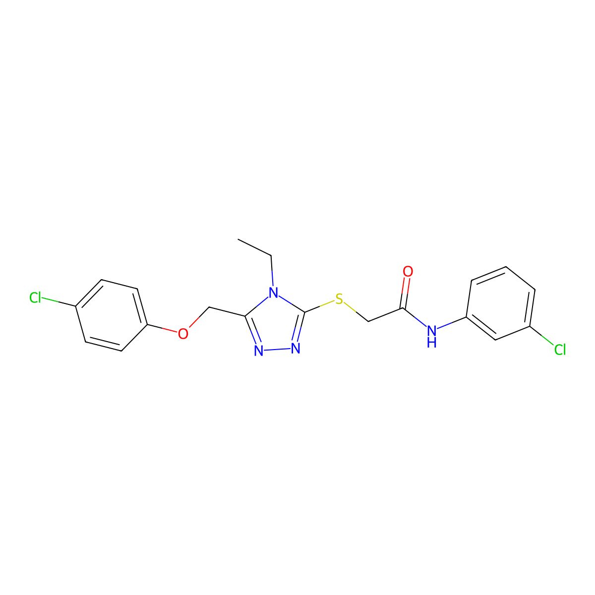 2-({5-[(4-chlorophenoxy)methyl]-4-ethyl-4H-1,2,4-triazol-3-yl}sulfanyl)-N-(3-chlorophenyl)acetamide molecular structure, CAS 493023-62-4