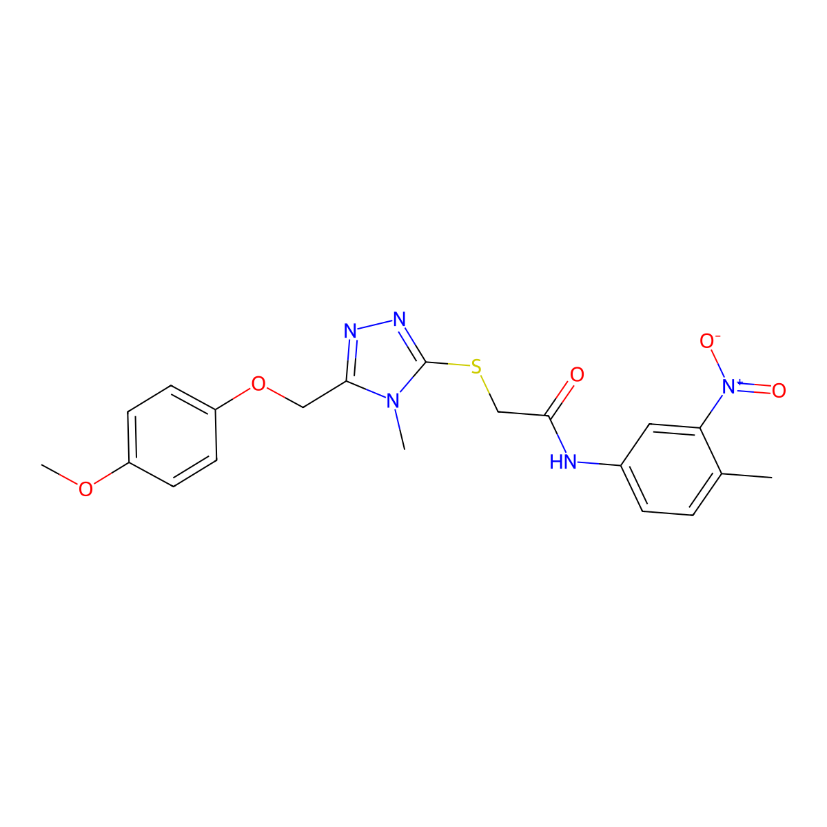 N-{3-nitro-4-methylphenyl}-2-({5-[(4-methoxyphenoxy)methyl]-4-methyl-4H-1,2,4-triazol-3-yl}sulfanyl)acetamide molecular structure, CAS 493024-06-9