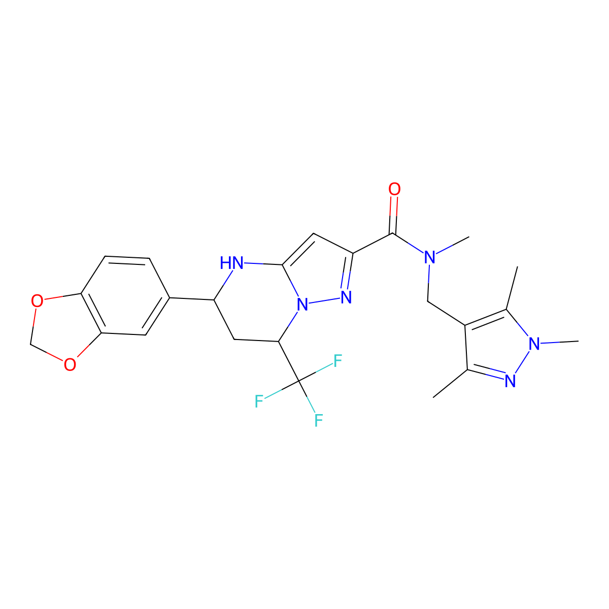5-(1,3-benzodioxol-5-yl)-N-methyl-7-(trifluoromethyl)-N-[(1,3,5-trimethyl-1H-pyrazol-4-yl)methyl]-4,5,6,7-tetrahydropyrazolo[1,5-a]pyrimidine-2-carboxamide molecular structure, CAS 493024-58-1
