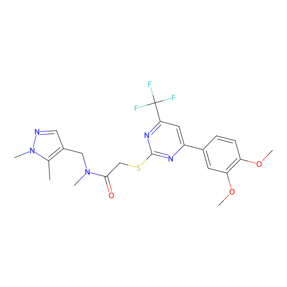 2-[4-(3,4-Dimethoxy-phenyl)-6-trifluoromethyl-pyrimidin-2-ylsulfanyl]-N-(1,5-dimethyl-1H-pyrazol-4-ylmethyl)-N-methyl-acetamide molecular structure, CAS 493024-99-0
