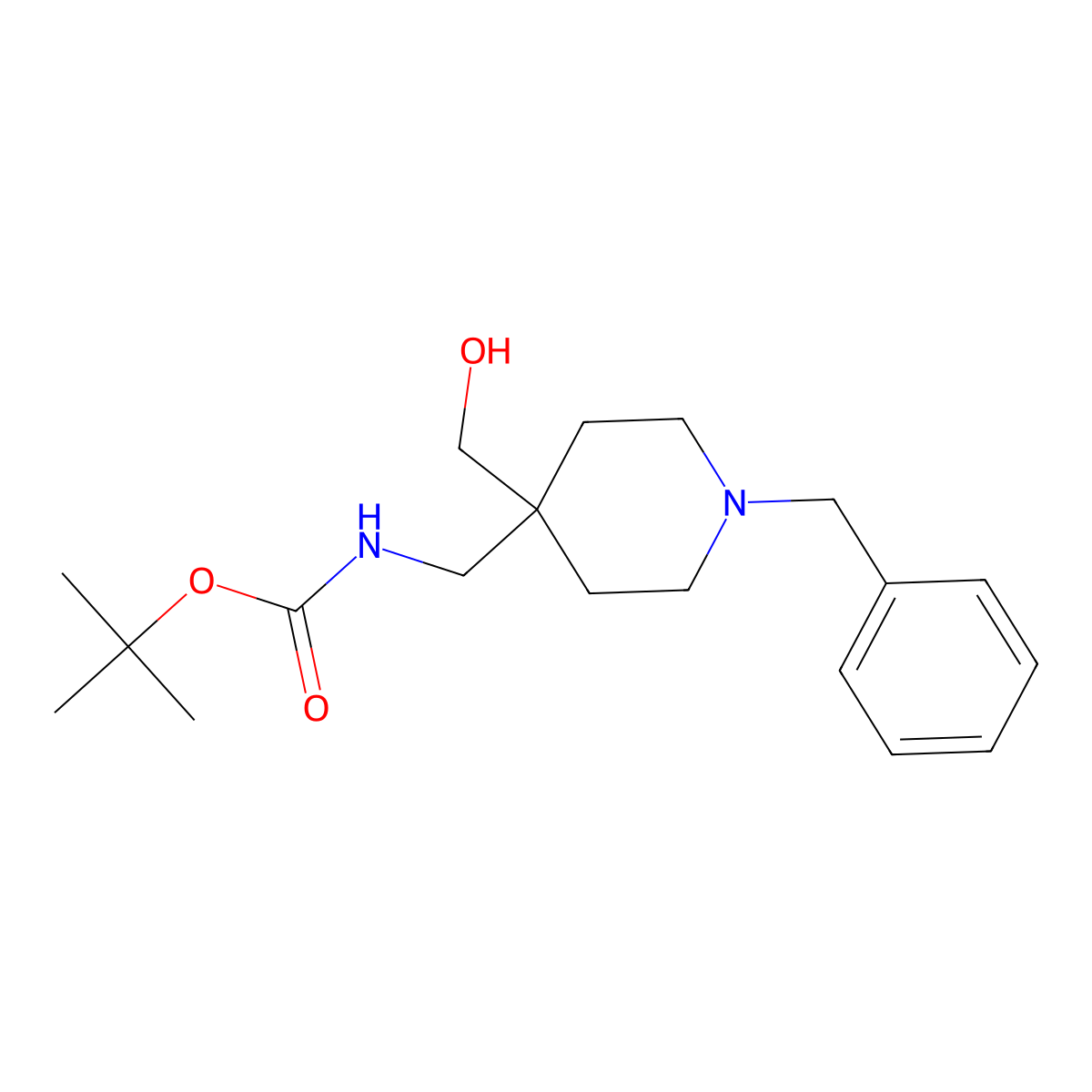 tert-Butyl ((1-benzyl-4-(hydroxymethyl)piperidin-4-yl)methyl)carbamate molecular structure, CAS 493026-45-2