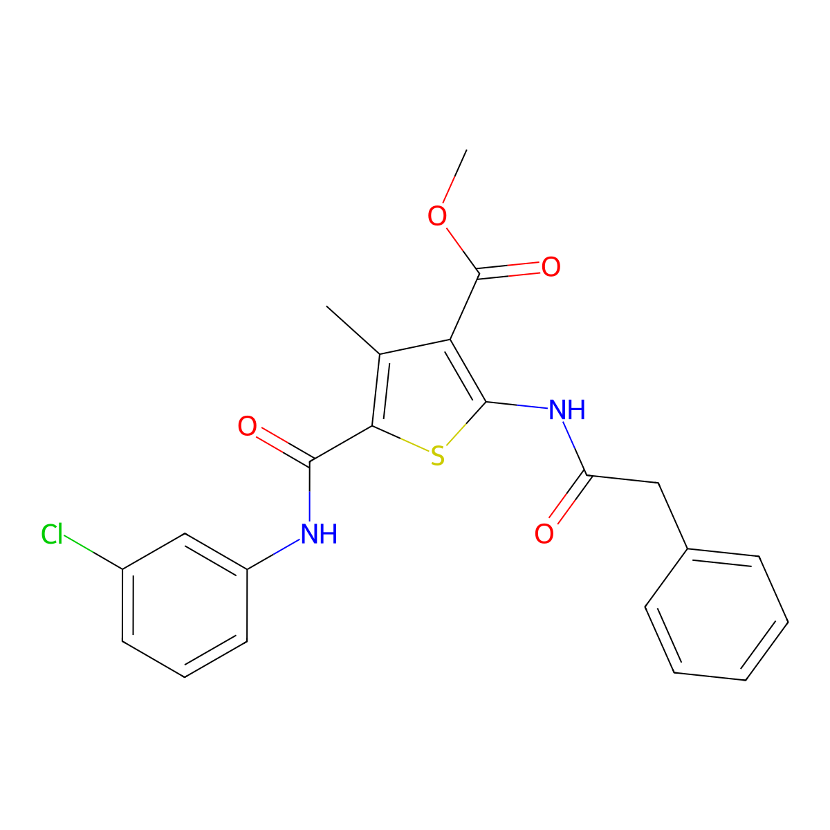 Methyl 5-[[(3-chlorophenyl)amino]carbonyl]-4-methyl-2-[(2-phenylacetyl)amino]-3-thiophenecarboxylate molecular structure, CAS 493026-46-3