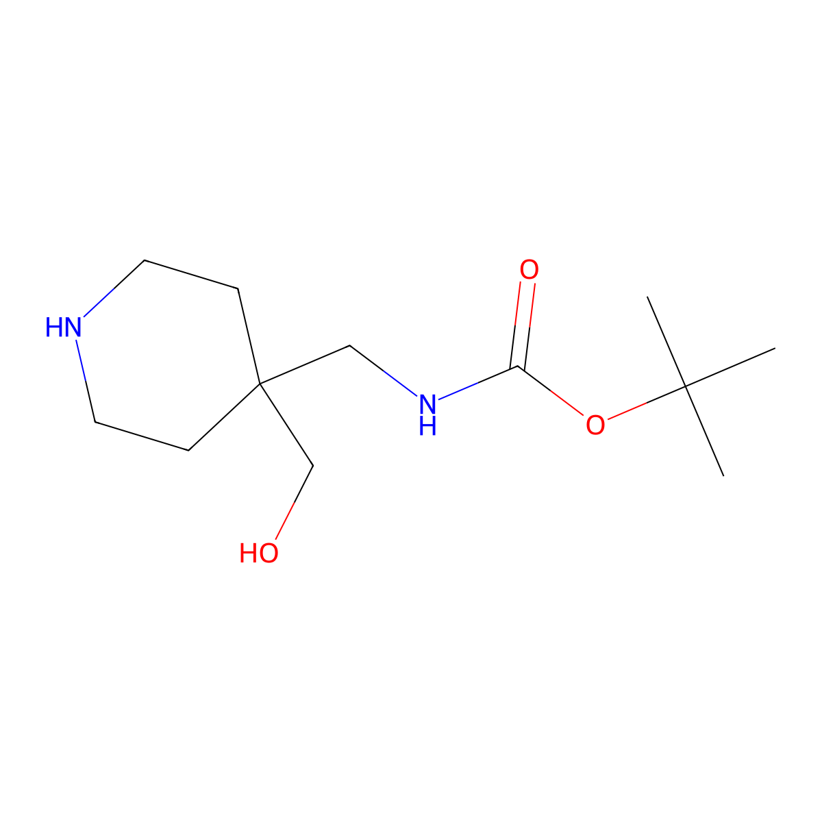 tert-Butyl ((4-(hydroxymethyl)piperidin-4-yl)methyl)carbamate molecular structure, CAS 493026-47-4