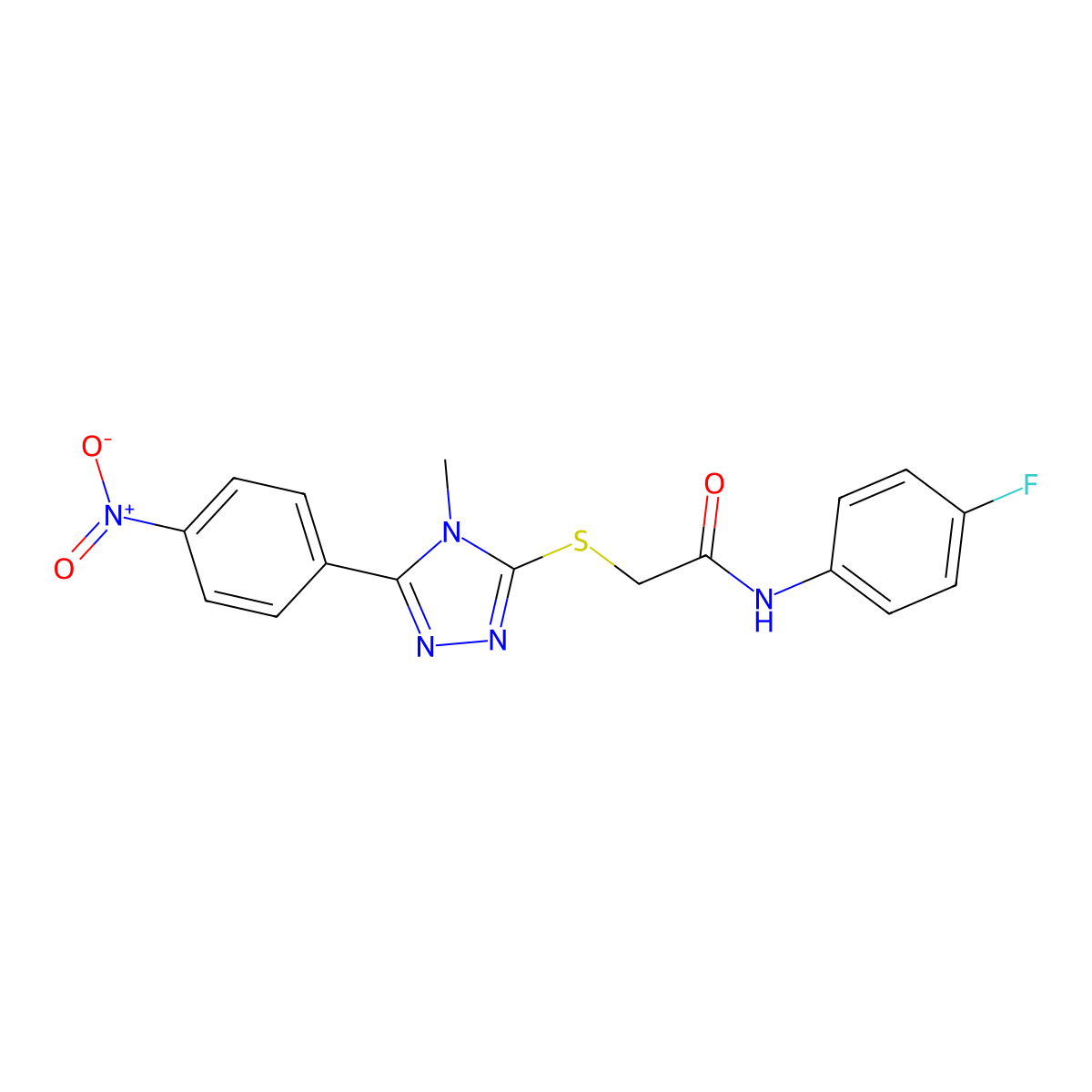 N-(4-fluorophenyl)-2-[[4-methyl-5-(4-nitrophenyl)-1,2,4-triazol-3-yl]sulfanyl]acetamide molecular structure, CAS 493027-65-9