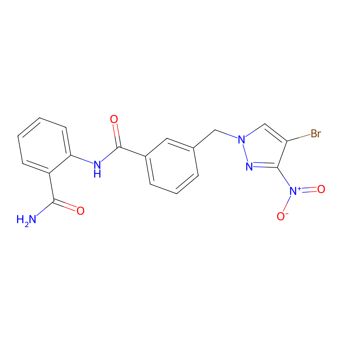 2-[[3-[(4-Bromo-3-nitropyrazol-1-yl)methyl]benzoyl]amino]benzamide molecular structure, CAS 493032-02-3