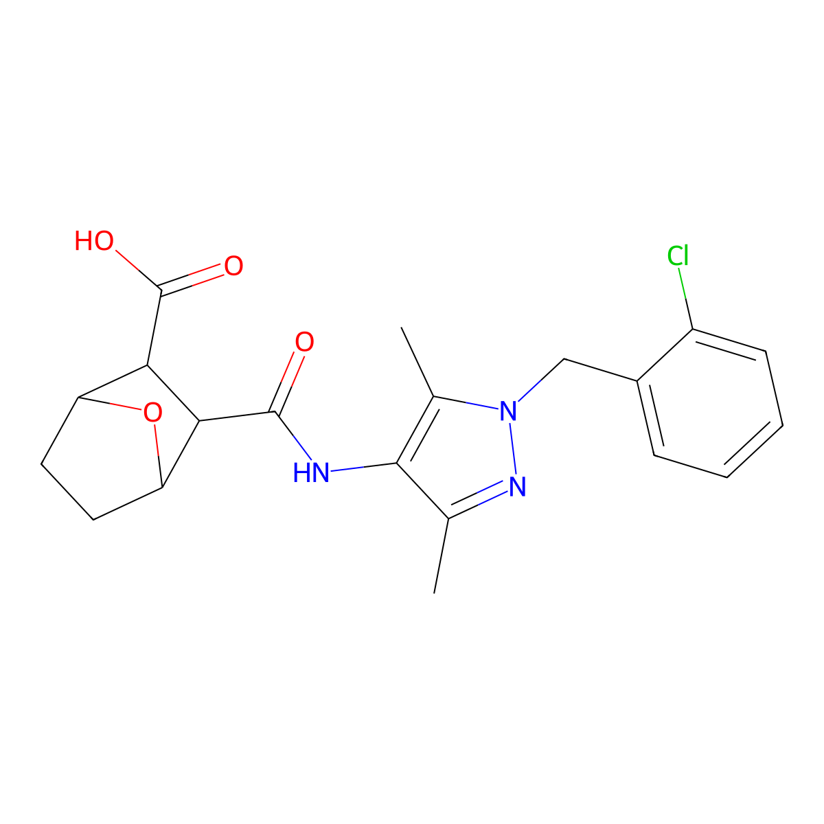 3-({[1-(2-chlorobenzyl)-3,5-dimethyl-1H-pyrazol-4-yl]amino}carbonyl)-7-oxabicyclo[2.2.1]heptane-2-carboxylic acid molecular structure, CAS 493032-03-4