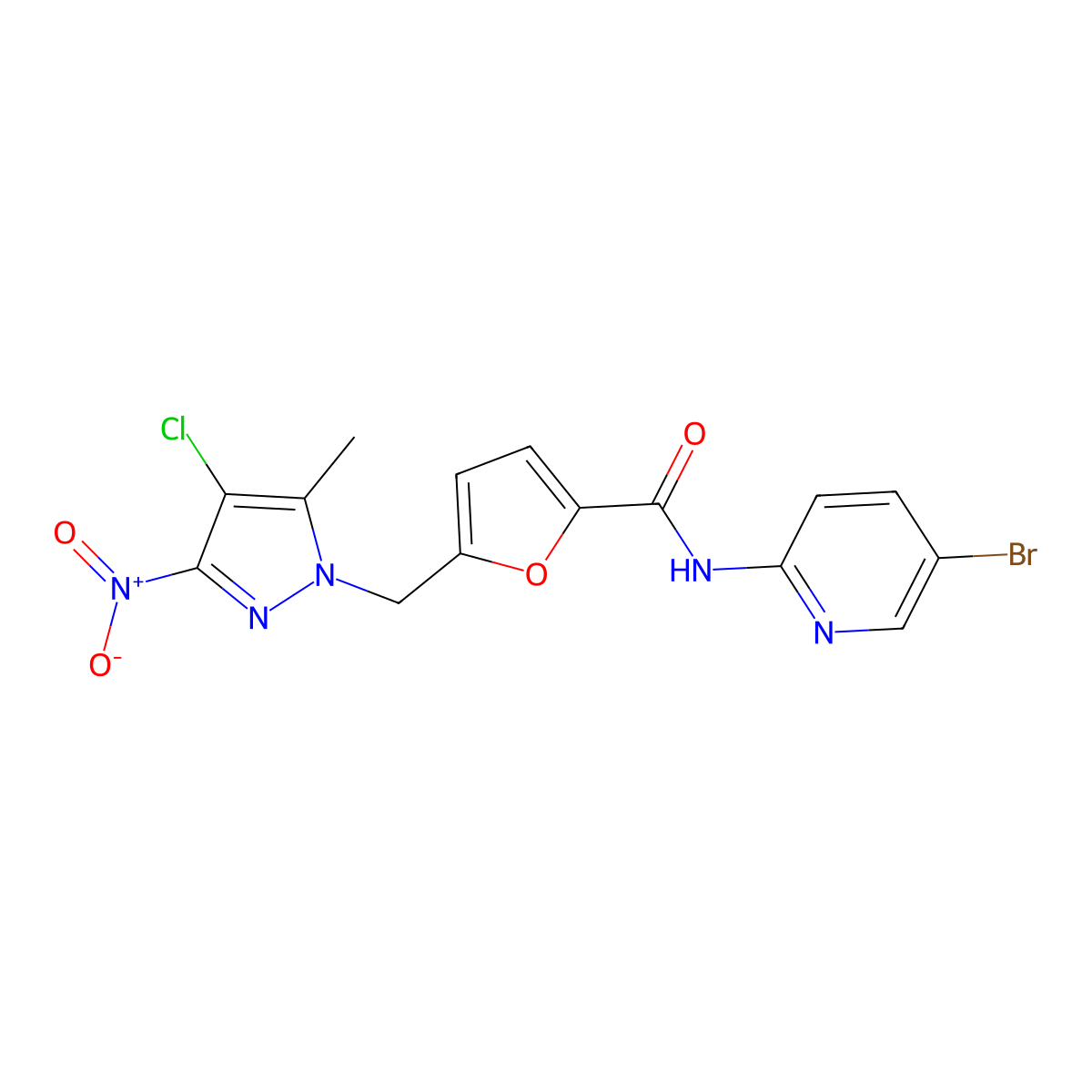 N-(5-bromopyridin-2-yl)-5-[(4-chloro-5-methyl-3-nitro-1H-pyrazol-1-yl)methyl]furan-2-carboxamide molecular structure, CAS 493032-26-1