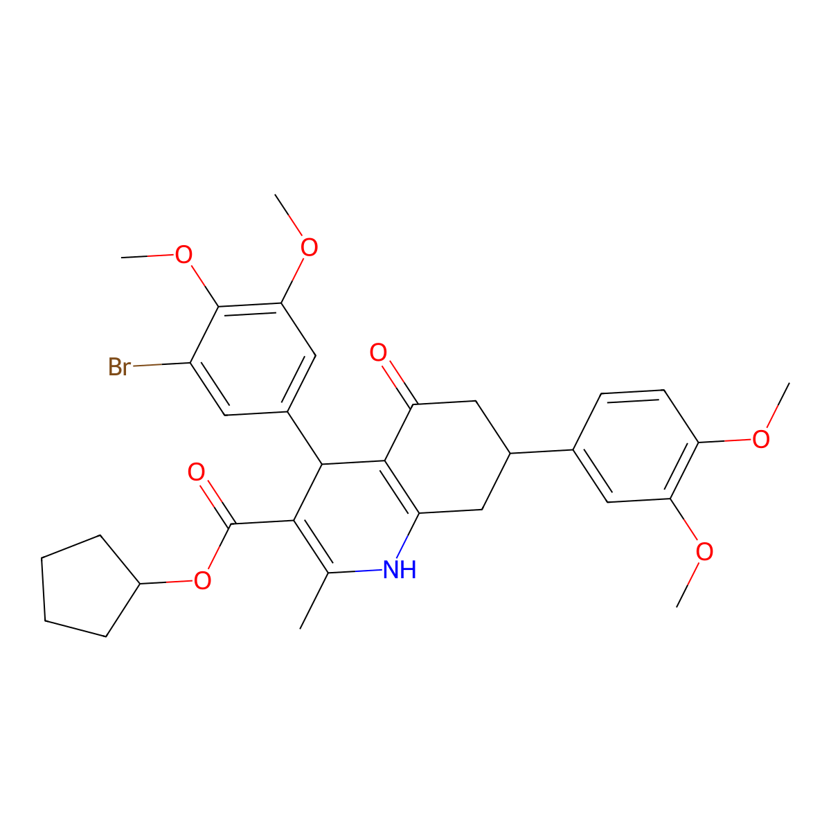 Cyclopentyl 4-(3-bromo-4,5-dimethoxyphenyl)-7-(3,4-dimethoxyphenyl)-2-methyl-5-oxo-1,4,5,6,7,8-hexahydroquinoline-3-carboxylate molecular structure, CAS 493034-12-1