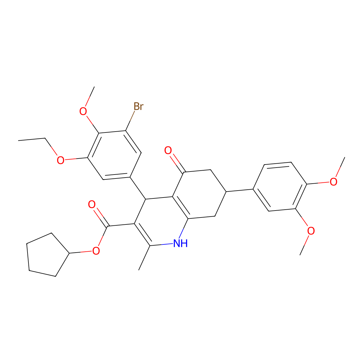 cyclopentyl 4-(3-bromo-5-ethoxy-4-methoxyphenyl)-7-(3,4-dimethoxyphenyl)-2-methyl-5-oxo-4,6,7,8-tetrahydro-1H-quinoline-3-carboxylate molecular structure, CAS 493034-13-2