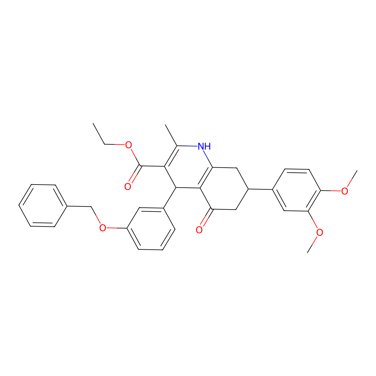 Ethyl 4-(3-(benzyloxy)phenyl)-7-(3,4-dimethoxyphenyl)-2-methyl-5-oxo-1,4,5,6,7,8-hexahydroquinoline-3-carboxylate molecular structure, CAS 493034-28-9