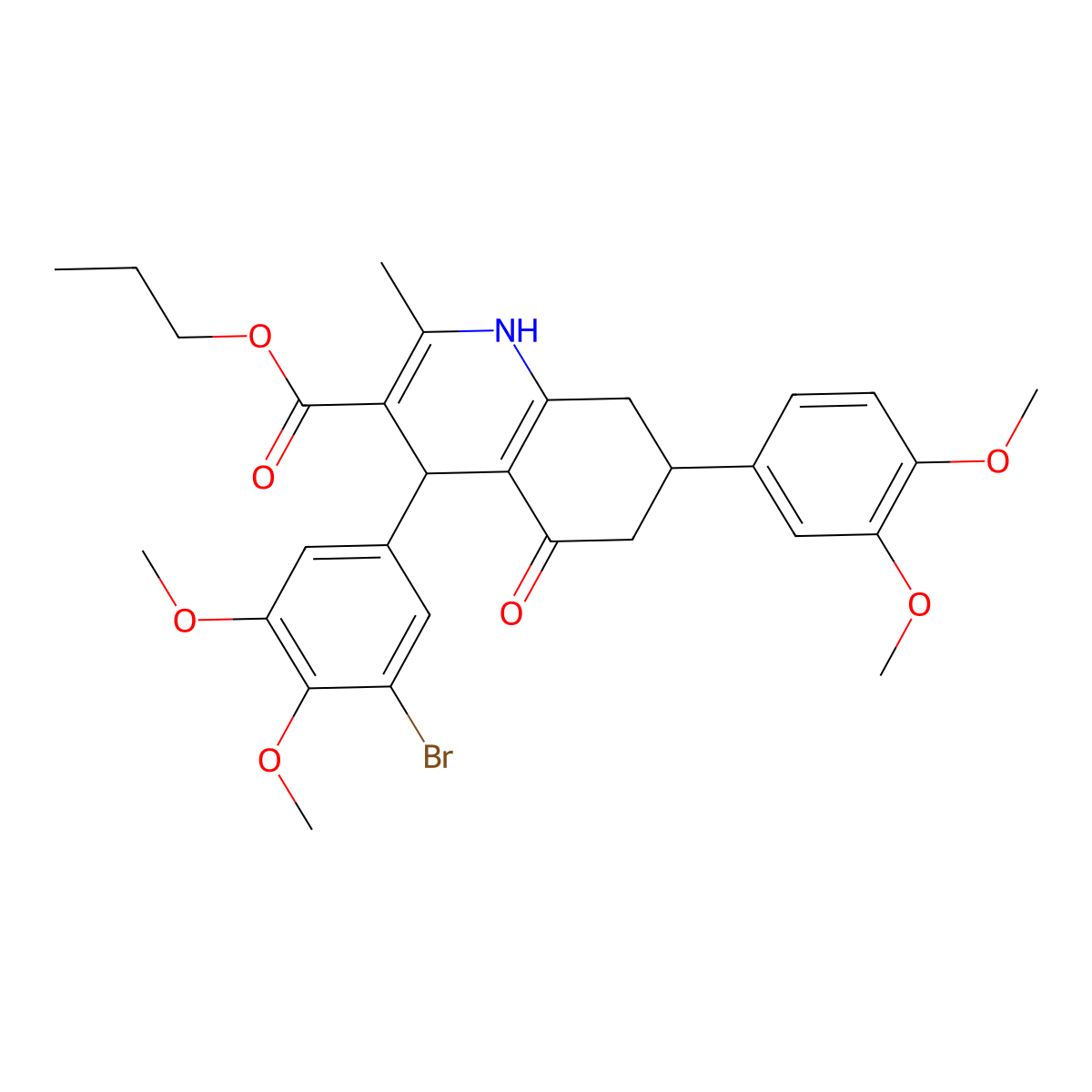 Propyl 4-(3-bromo-4,5-dimethoxyphenyl)-7-(3,4-dimethoxyphenyl)-2-methyl-5-oxo-1,4,5,6,7,8-hexahydro-3-quinolinecarboxylate molecular structure, CAS 493034-44-9