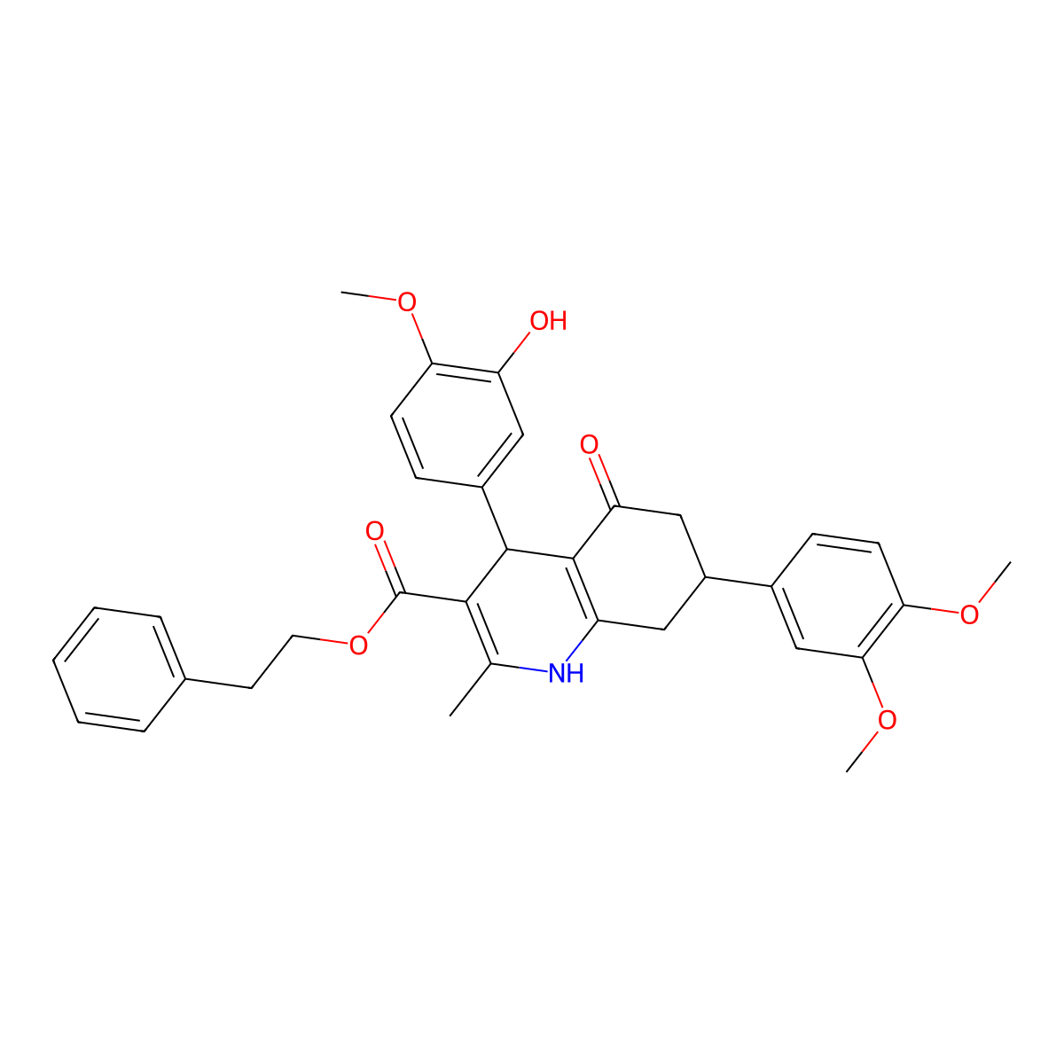 Phenethyl 7-(3,4-dimethoxyphenyl)-4-(3-hydroxy-4-methoxyphenyl)-2-methyl-5-oxo-1,4,5,6,7,8-hexahydroquinoline-3-carboxylate molecular structure, CAS 493034-49-4