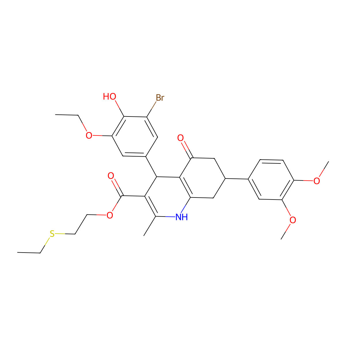 2-(Ethylsulfanyl)ethyl 4-(3-bromo-5-ethoxy-4-hydroxyphenyl)-7-(3,4-dimethoxyphenyl)-2-methyl-5-oxo-1,4,5,6,7,8-hexahydro-3-quinolinecarboxylate molecular structure, CAS 493034-51-8