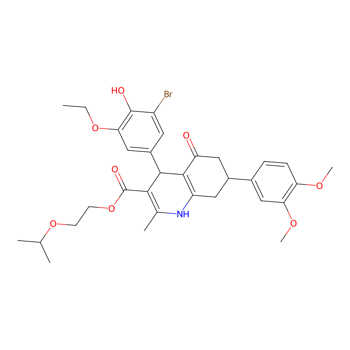 2-Isopropoxyethyl 4-(3-bromo-5-ethoxy-4-hydroxyphenyl)-7-(3,4-dimethoxyphenyl)-2-methyl-5-oxo-1,4,5,6,7,8-hexahydro-3-quinolinecarboxylate molecular structure, CAS 493034-52-9