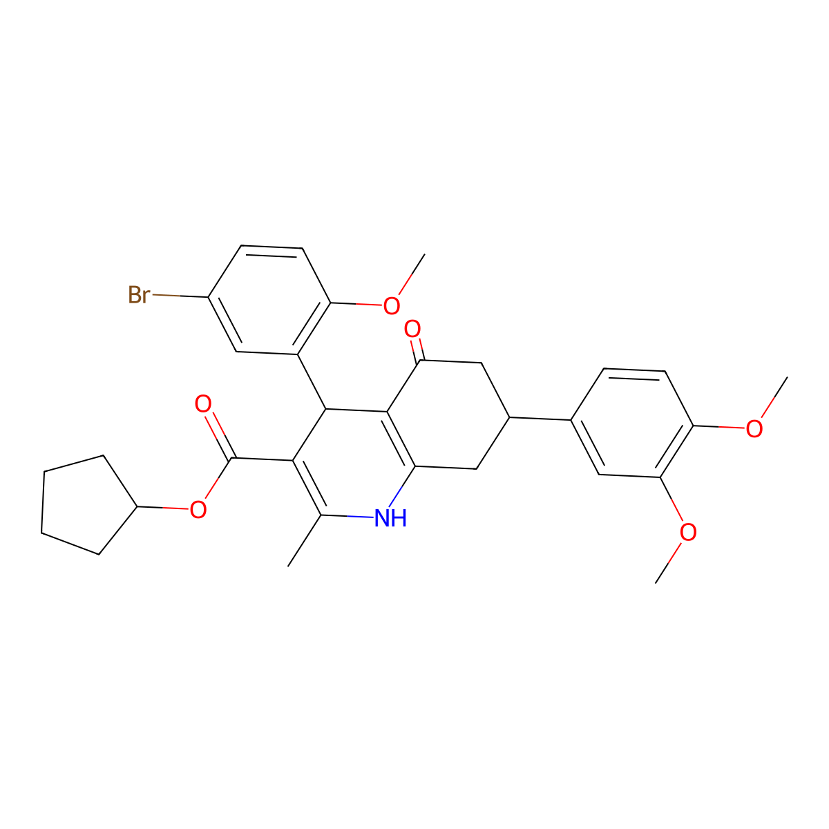 cyclopentyl 4-(5-bromo-2-methoxyphenyl)-7-(3,4-dimethoxyphenyl)-2-methyl-5-oxo-4,6,7,8-tetrahydro-1H-quinoline-3-carboxylate molecular structure, CAS 494193-71-4