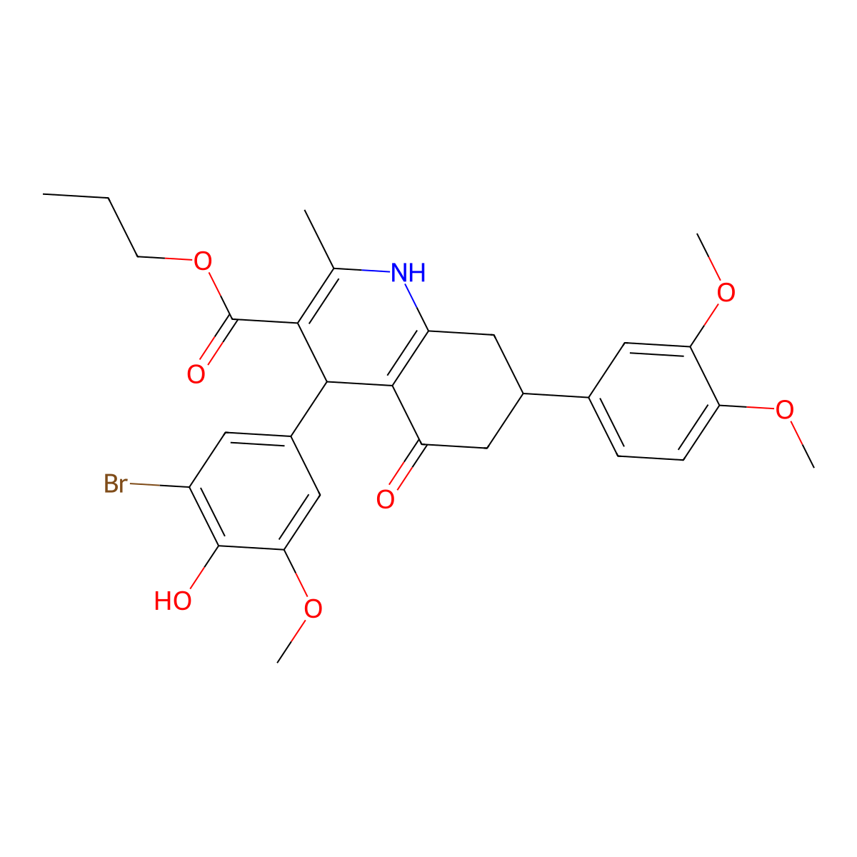 Propyl 4-(3-bromo-4-hydroxy-5-methoxyphenyl)-7-(3,4-dimethoxyphenyl)-2-methyl-5-oxo-1,4,5,6,7,8-hexahydroquinoline-3-carboxylate molecular structure, CAS 494193-83-8