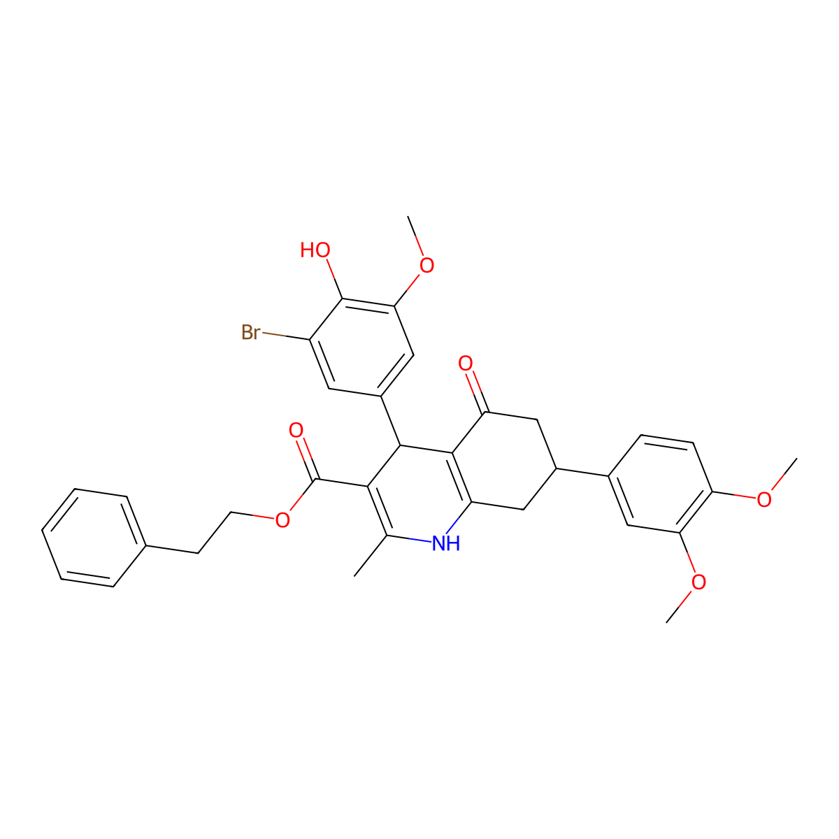 2-Phenylethyl 4-(3-bromo-4-hydroxy-5-methoxyphenyl)-7-(3,4-dimethoxyphenyl)-2-methyl-5-oxo-1,4,5,6,7,8-hexahydro-3-quinolinecarboxylate molecular structure, CAS 494193-99-6
