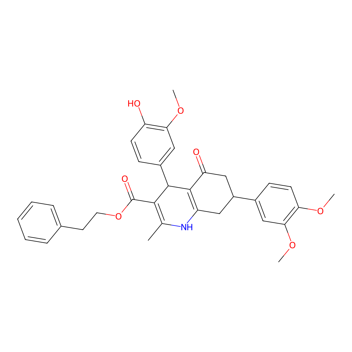 2-Phenylethyl 7-(3,4-dimethoxyphenyl)-4-(4-hydroxy-3-methoxyphenyl)-2-methyl-5-oxo-1,4,5,6,7,8-hexahydro-3-quinolinecarboxylate molecular structure, CAS 494194-01-3