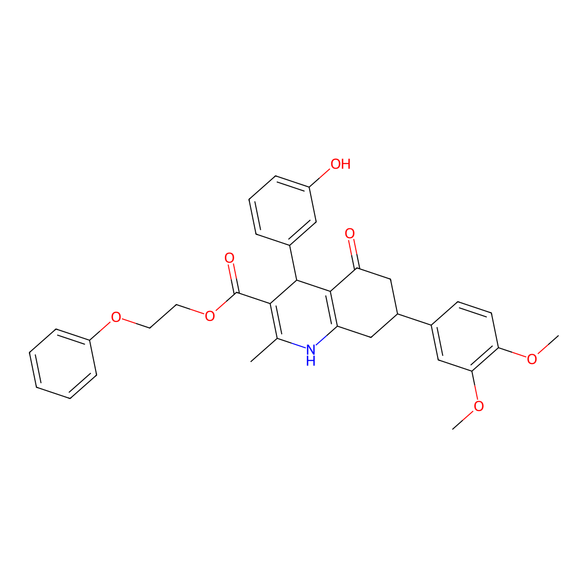 2-Phenoxyethyl 7-(3,4-dimethoxyphenyl)-4-(3-hydroxyphenyl)-2-methyl-5-oxo-1,4,5,6,7,8-hexahydroquinoline-3-carboxylate molecular structure, CAS 494194-12-6