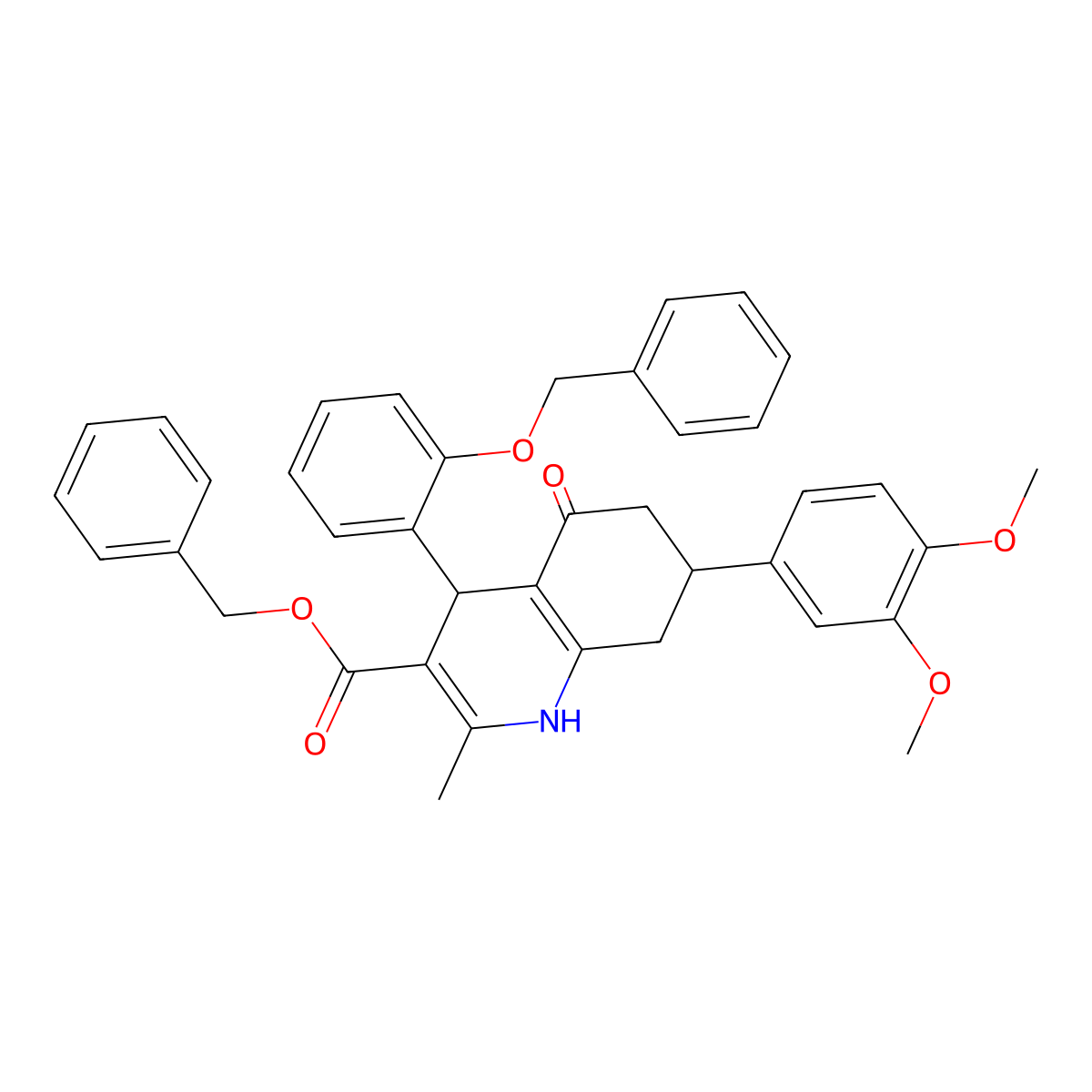Benzyl 4-(2-(benzyloxy)phenyl)-7-(3,4-dimethoxyphenyl)-2-methyl-5-oxo-1,4,5,6,7,8-hexahydroquinoline-3-carboxylate molecular structure, CAS 494194-18-2