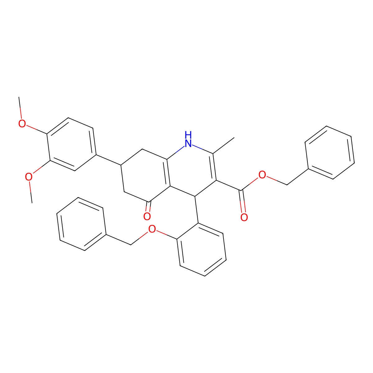 Benzyl 4-(2-(benzyloxy)phenyl)-7-(3,4-dimethoxyphenyl)-2-methyl-5-oxo-1,4,5,6,7,8-hexahydroquinoline-3-carboxylate molecular structure, CAS 494194-18-2