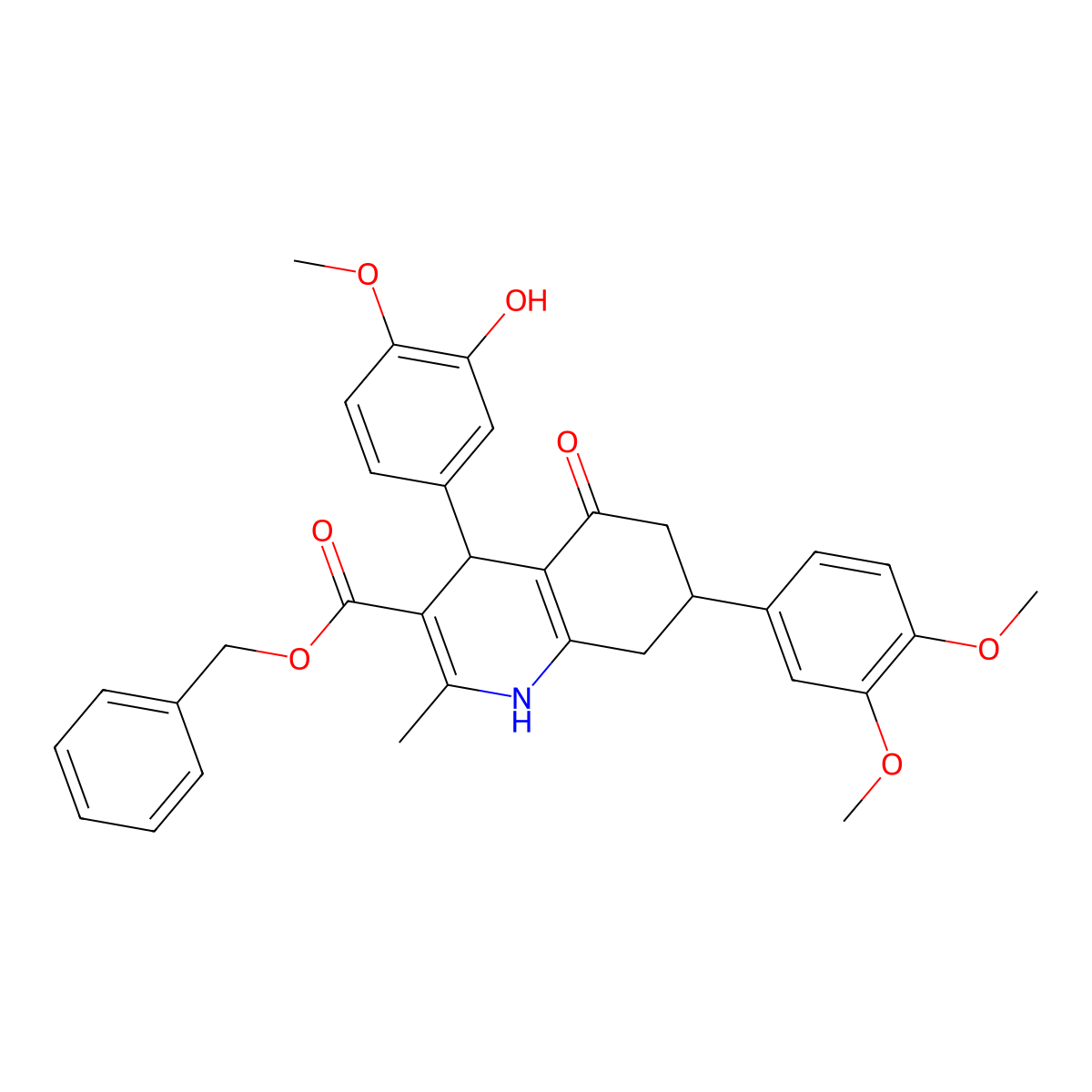 Benzyl 7-(3,4-dimethoxyphenyl)-4-(3-hydroxy-4-methoxyphenyl)-2-methyl-5-oxo-1,4,5,6,7,8-hexahydroquinoline-3-carboxylate molecular structure, CAS 494194-24-0