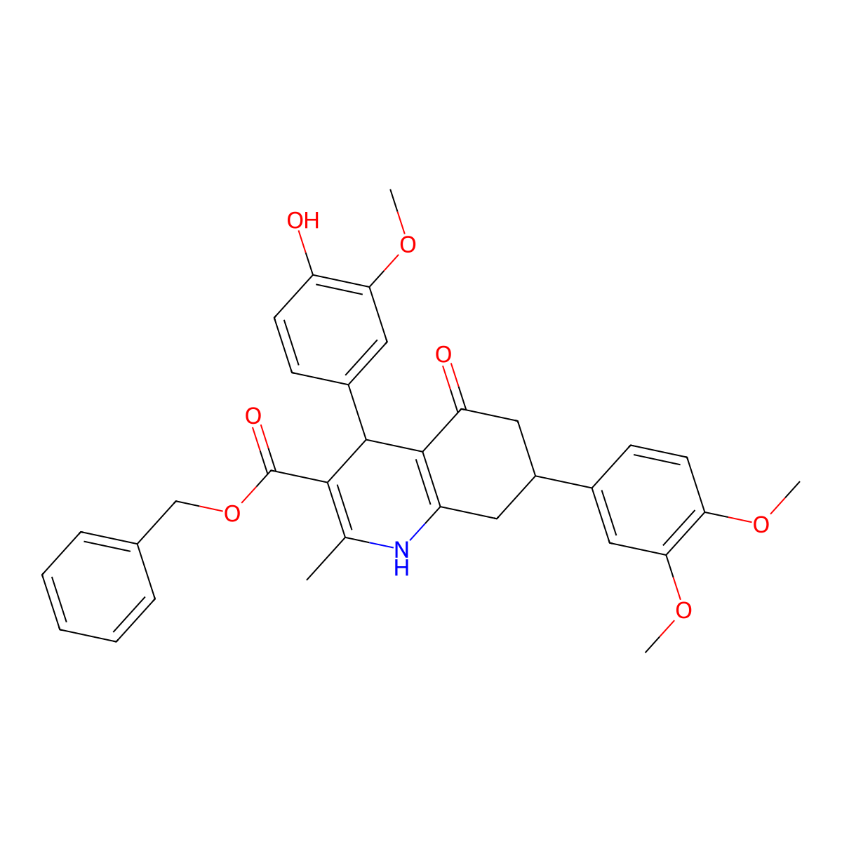 Benzyl 7-(3,4-dimethoxyphenyl)-4-(4-hydroxy-3-methoxyphenyl)-2-methyl-5-oxo-1,4,5,6,7,8-hexahydroquinoline-3-carboxylate molecular structure, CAS 494194-26-2