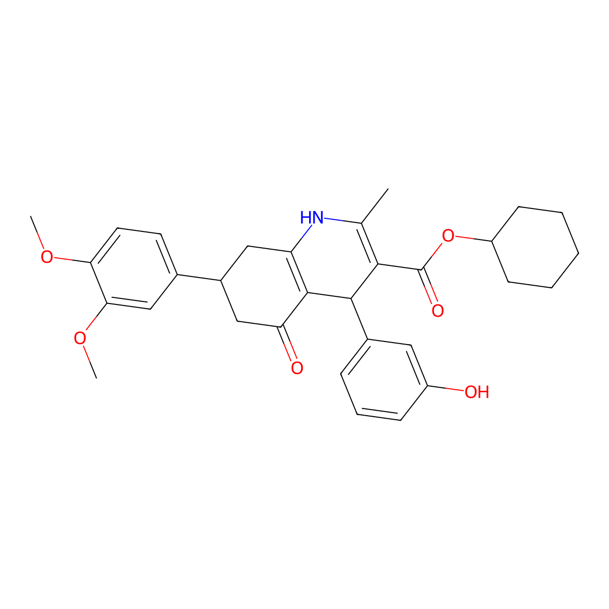 Cyclohexyl 7-(3,4-dimethoxyphenyl)-4-(3-hydroxyphenyl)-2-methyl-5-oxo-1,4,5,6,7,8-hexahydro-3-quinolinecarboxylate molecular structure, CAS 494195-15-2