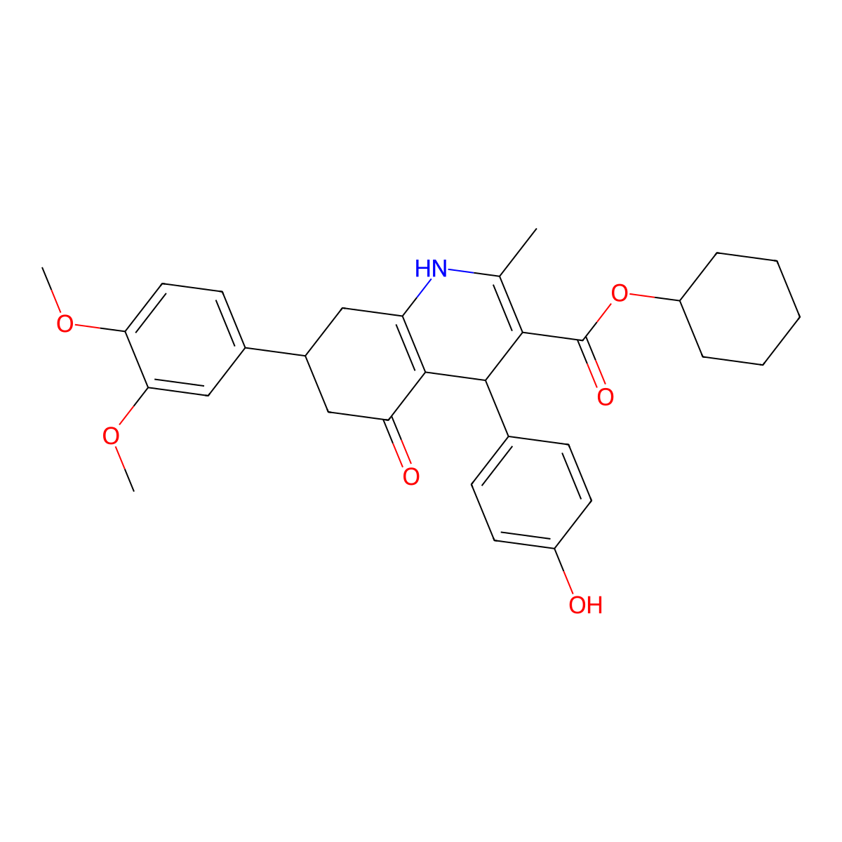 Cyclohexyl 7-(3,4-dimethoxyphenyl)-4-(4-hydroxyphenyl)-2-methyl-5-oxo-1,4,5,6,7,8-hexahydro-3-quinolinecarboxylate molecular structure, CAS 494195-17-4