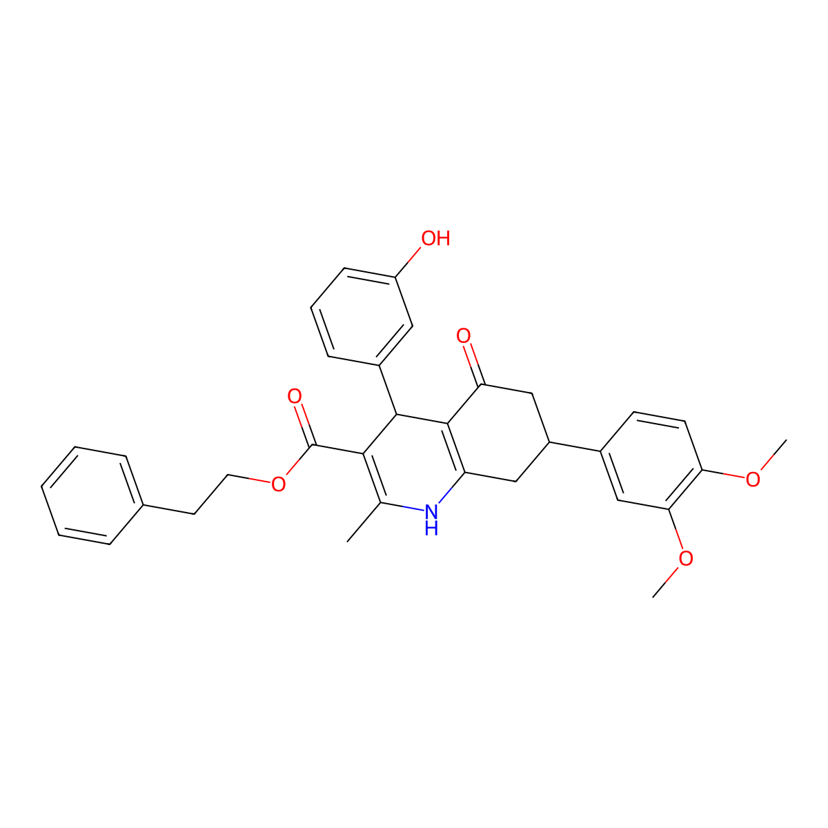 2-Phenylethyl 7-(3,4-dimethoxyphenyl)-4-(3-hydroxyphenyl)-2-methyl-5-oxo-1,4,5,6,7,8-hexahydro-3-quinolinecarboxylate molecular structure, CAS 494195-25-4