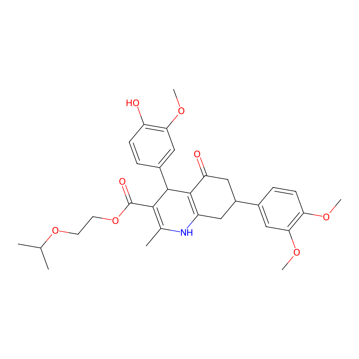 2-Isopropoxyethyl 7-(3,4-dimethoxyphenyl)-4-(4-hydroxy-3-methoxyphenyl)-2-methyl-5-oxo-1,4,5,6,7,8-hexahydro-3-quinolinecarboxylate molecular structure, CAS 494195-33-4