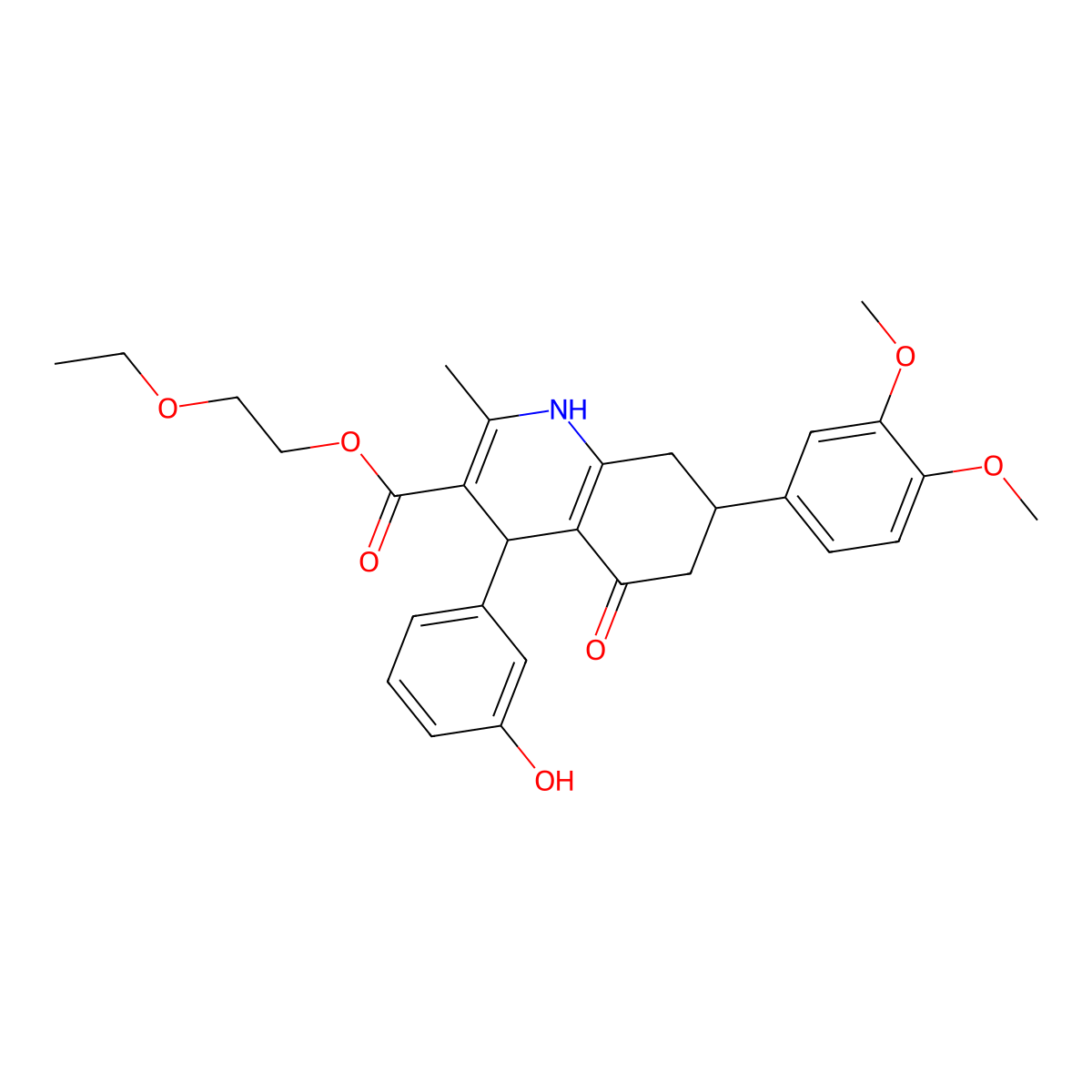 2-Ethoxyethyl 7-(3,4-dimethoxyphenyl)-4-(3-hydroxyphenyl)-2-methyl-5-oxo-1,4,5,6,7,8-hexahydro-3-quinolinecarboxylate molecular structure, CAS 494195-50-5